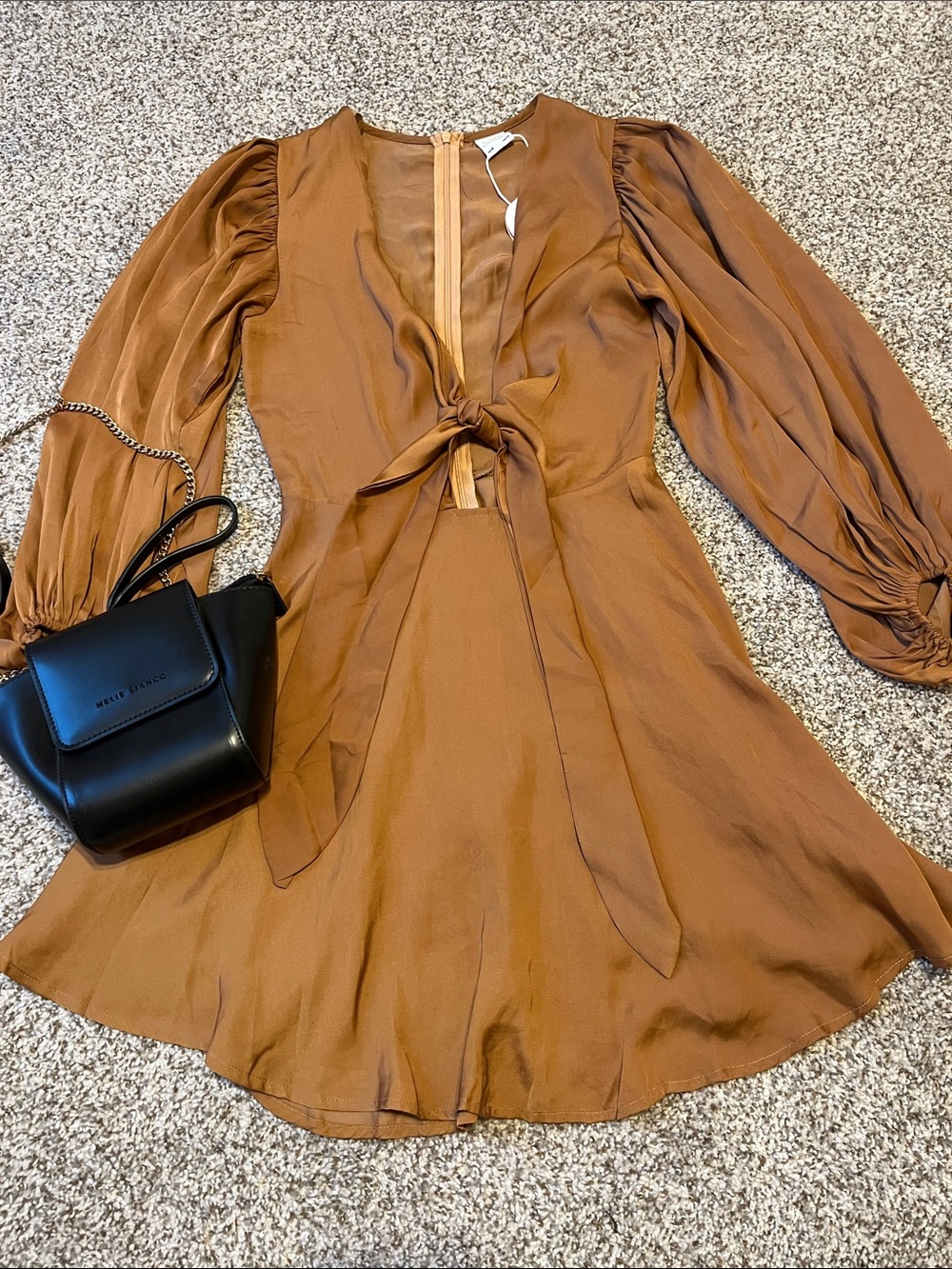 Selfie Leslie Tan Long Sleeve Tie-Front Mini Dress